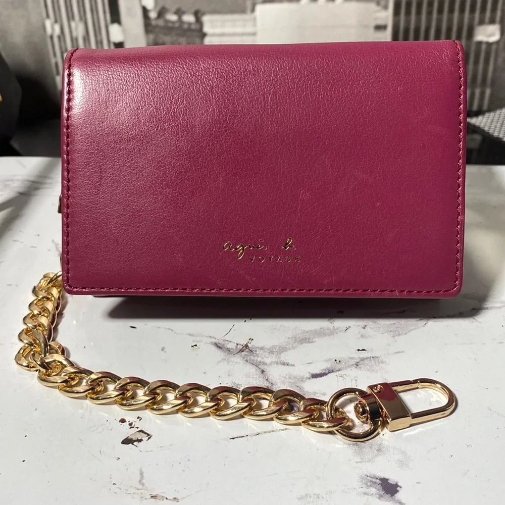 Agnes B. Pink Leather Card Holder with Gold Chain